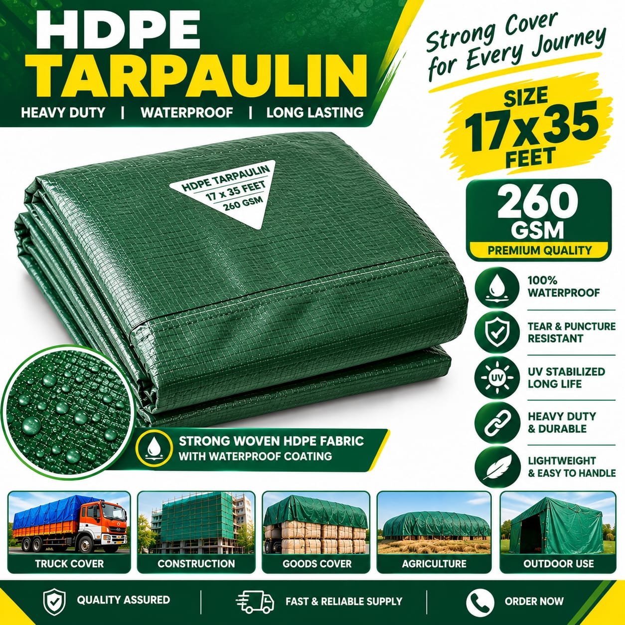 HDPE Tarpaulin 260 GSM 17×35 Feet | Waterproof Heavy Duty Truck Tirpal