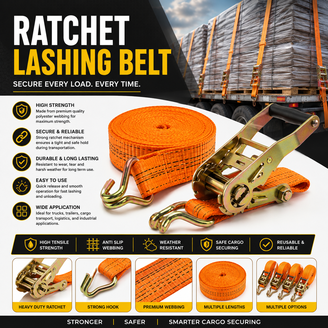 Ratchet Lashing Belt 3 Ton × 10 Meter | Heavy Duty Cargo Securing Belt